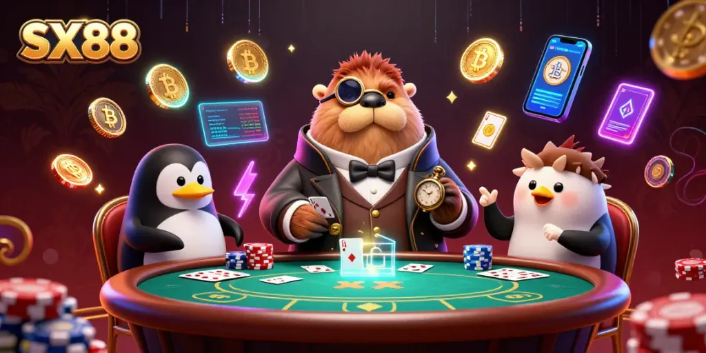SX88 showcases an underwater poker game featuring a walrus, penguin dealer, and a bluffing pufferfish.