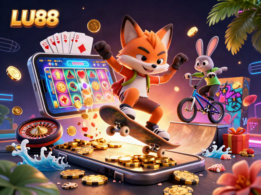 Experience excitement at LU88 with a vibrant 3D scene showcasing a skateboarding fox and BMX rabbit amidst casino symbols.