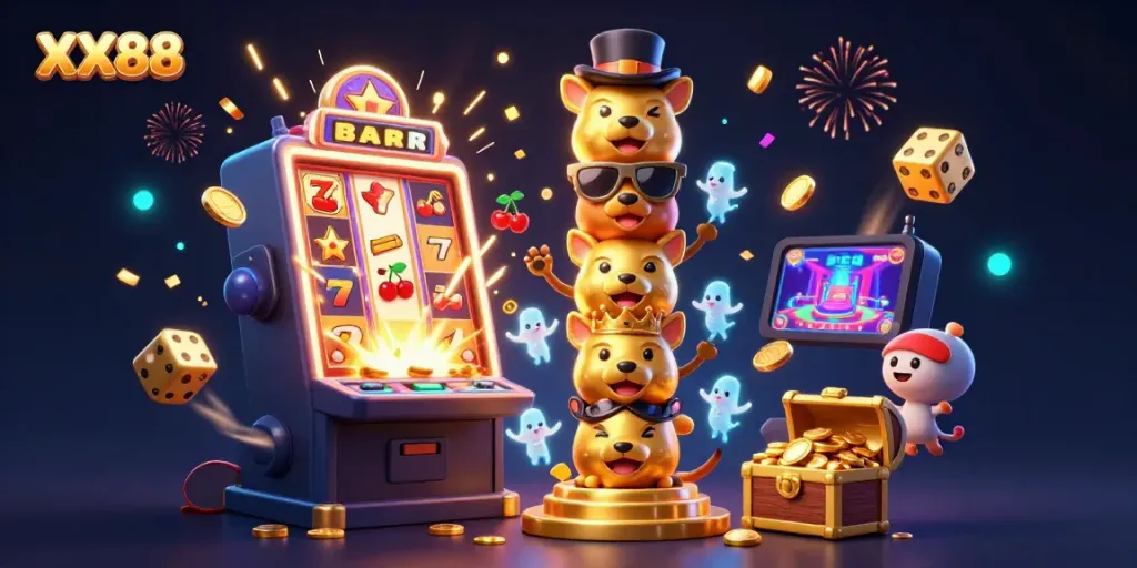 Experience thrilling gameplay at XX88 with colorful slot machines, golden treasures, and interactive casino fun.