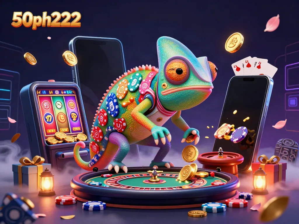 Experience the thrill of 50ph222 with a vibrant chameleon casino owner surrounded by engaging gaming elements.