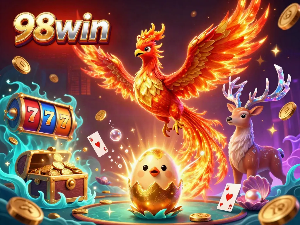 Experience exhilarating 98win jackpots with a lucky phoenix soaring over colorful slots and treasures.
