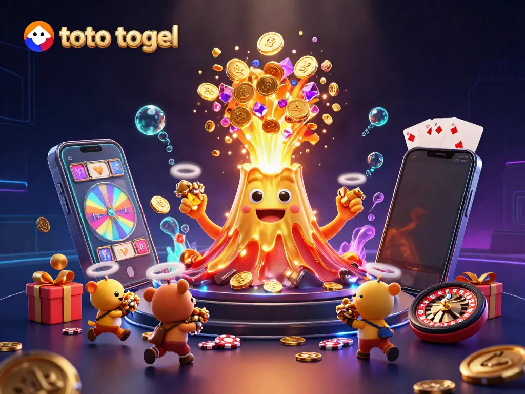 Gambar ilustrasi 3D yang menunjukkan toto togel dengan karakter gunung berapi emas dan harta karun yang melimpah.