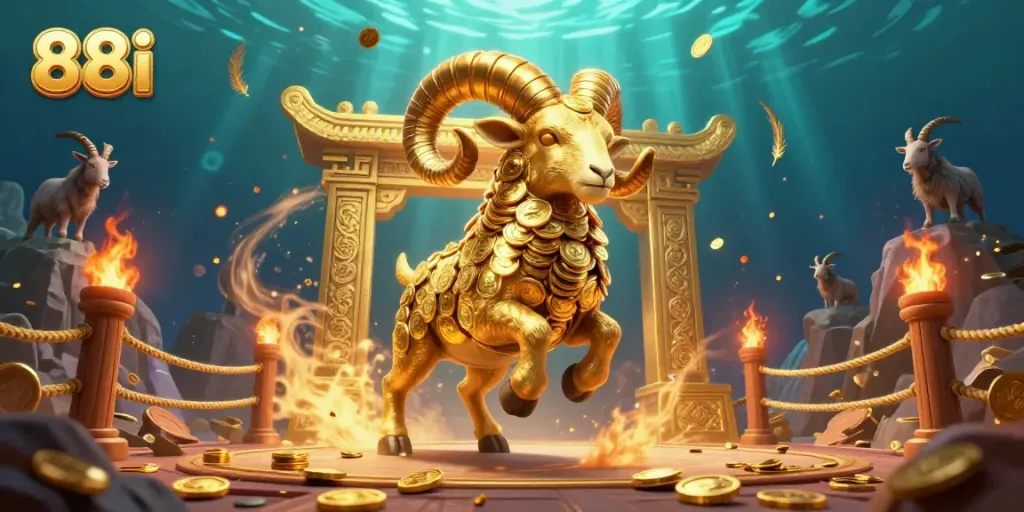 Experience the excitement of 88i as the golden ram charges through a vibrant casino arena filled with gold coins and dynamic elements.