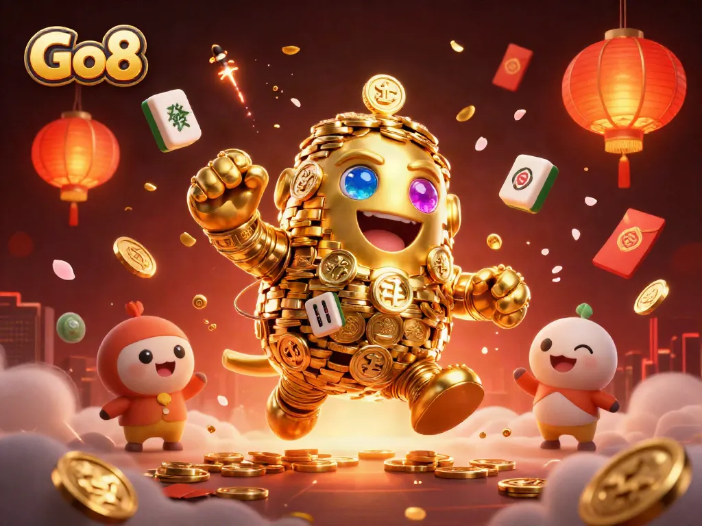 Engage with the Go8 gaming experience through a vibrant scene featuring a golden golem and festive elements.