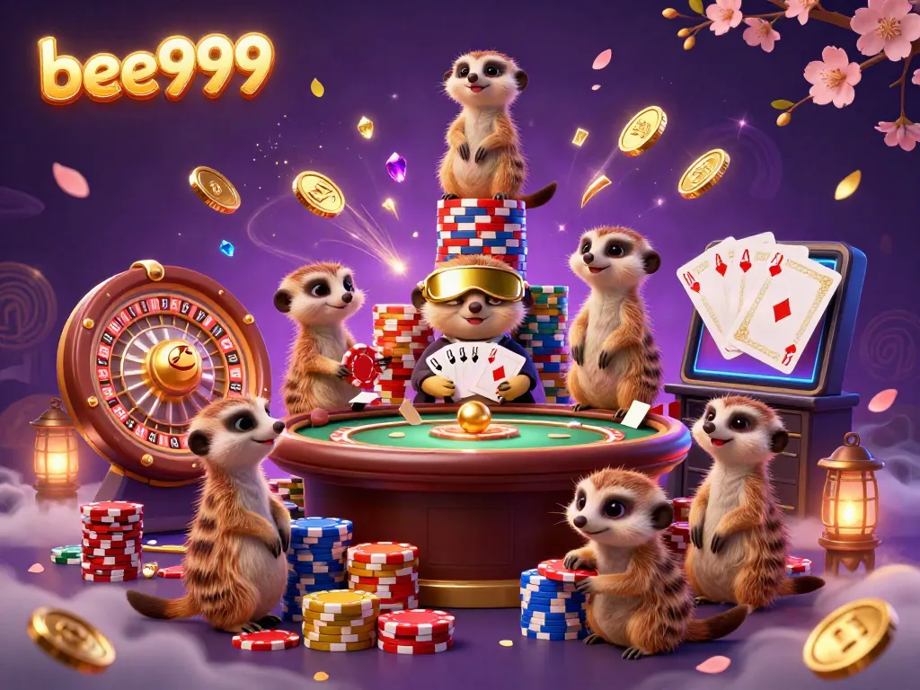 Engage with the bee999 casino scene featuring meerkats, cards, and dazzling game elements.