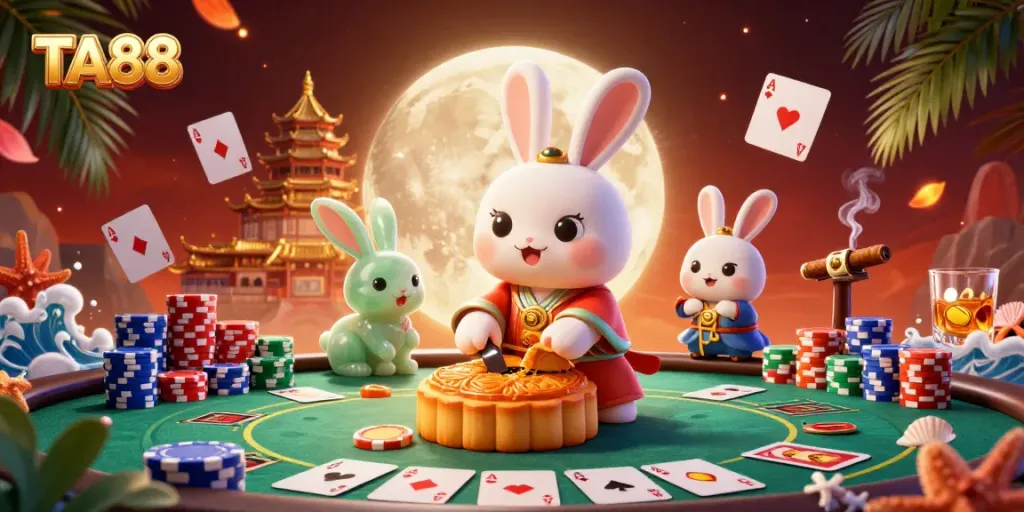 Engage in exciting poker action at TA88 with moon rabbits, poker chips, and vibrant casino elements.