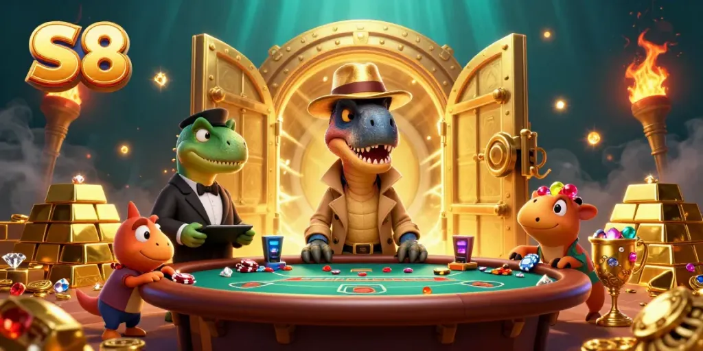 S8 casino illustration featuring a clever velociraptor at blackjack, gold and gems dazzles.