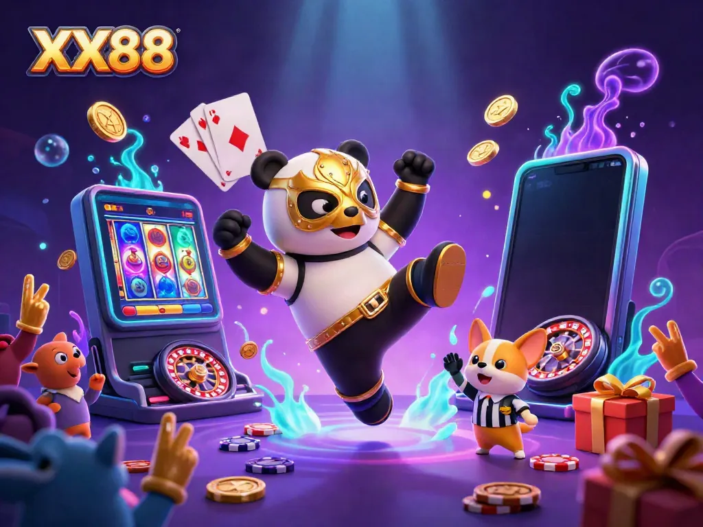 Join the excitement with XX88 as the panda wrestler leaps into action amidst a vibrant casino scene!