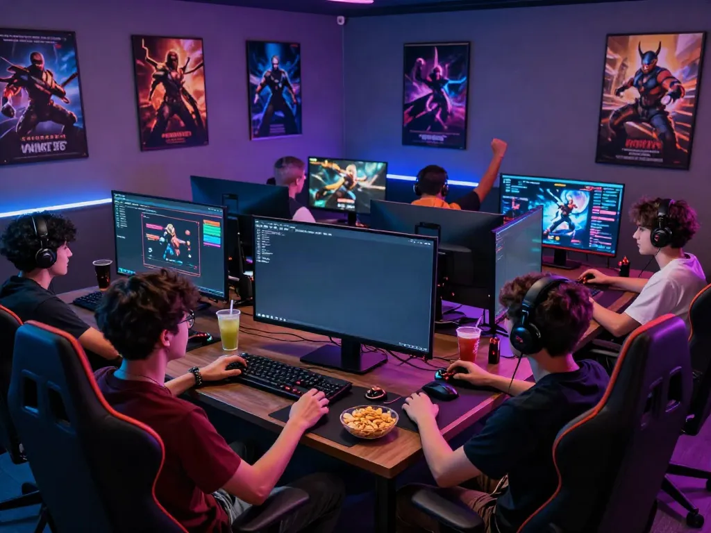 Friends enjoying a lively gaming session on kilat404, surrounded by snacks and vibrant decor.