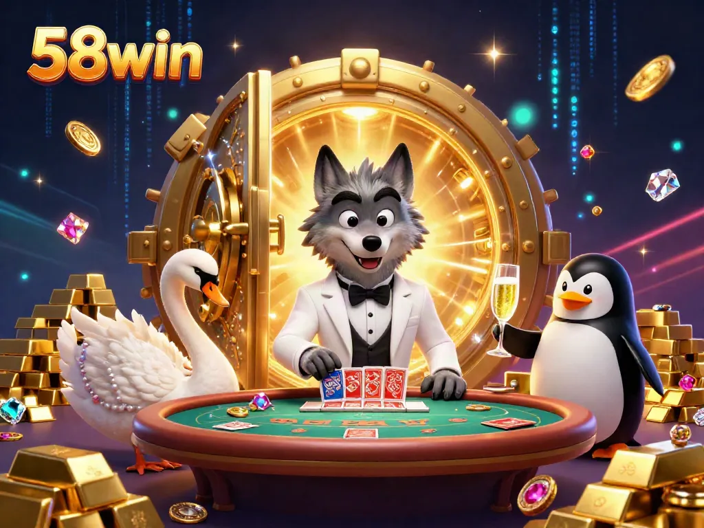 Experience the thrill with 58win at this luxurious baccarat scene featuring animated characters and sparkling treasures.