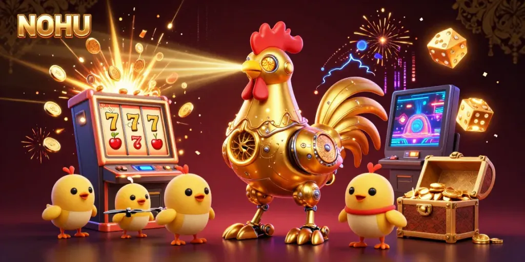Experience the thrilling world of NOHU with a retro-futuristic twist featuring a golden rooster robot and dynamic jackpot elements.