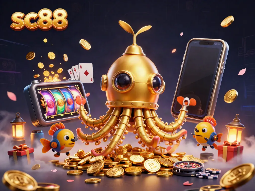 Engage in thrilling gameplay at SC88 with a golden kraken submarine amid coins and exciting slots.