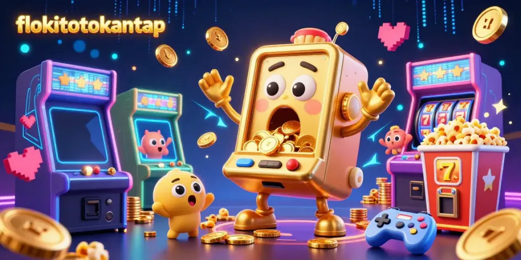 Engage with flokitotokantap in a thrilling casino scene featuring a golden slot machine hitting the jackpot.