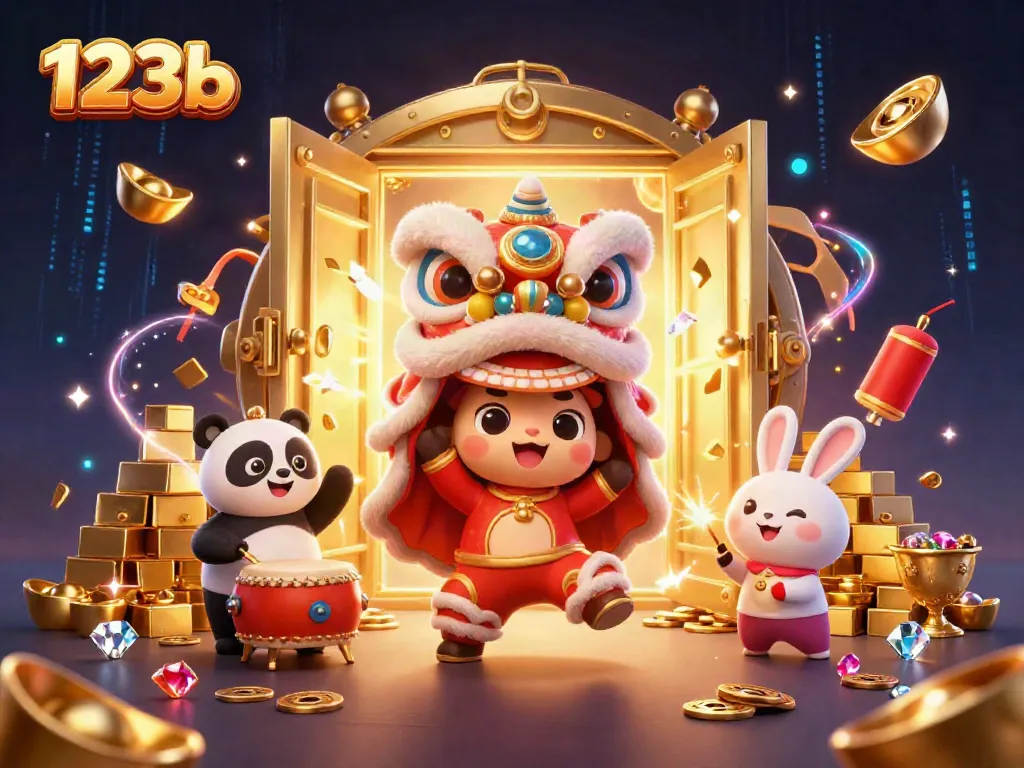 Experience exciting gameplay with 123b's colorful lion dance and treasures in a vibrant casino atmosphere.