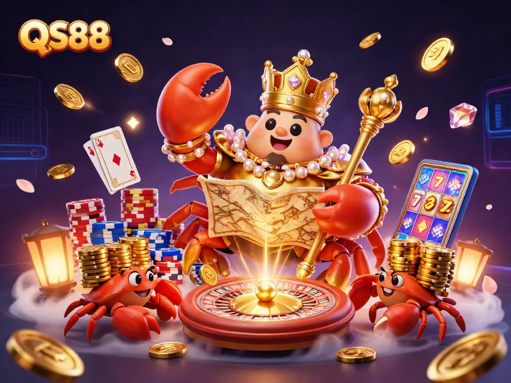 Engage with QS88's vibrant casino world, starring a golden crab emperor amidst dazzling game elements.