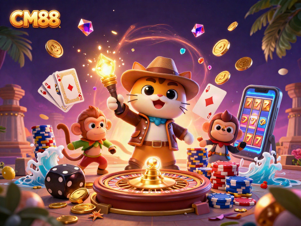 Immerse in the adventure with CM88 as our explorer cat unearths treasures in a vibrant casino temple.