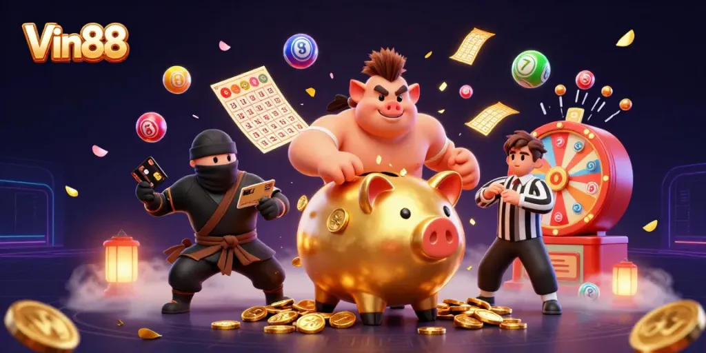 Win big with Vin88 in this vibrant casino-themed 3D showdown featuring a golden piggy bank.