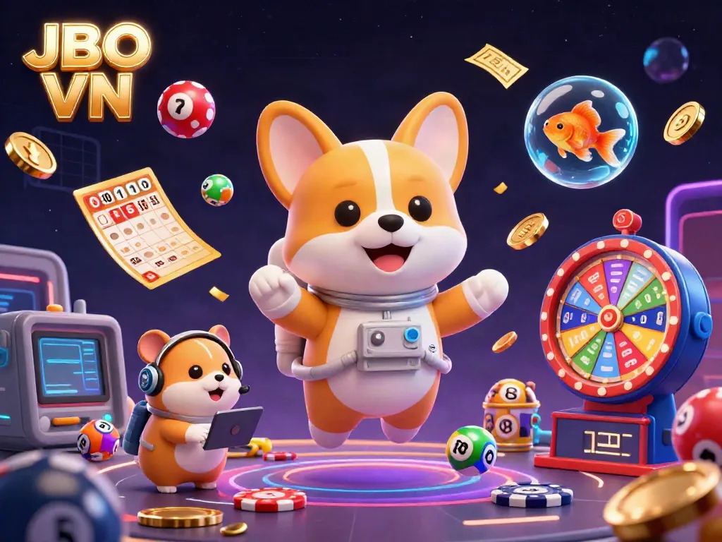 Experience the excitement of JBO VN with a vibrant casino-themed 3D illustration featuring playful characters and dynamic gambling elements.