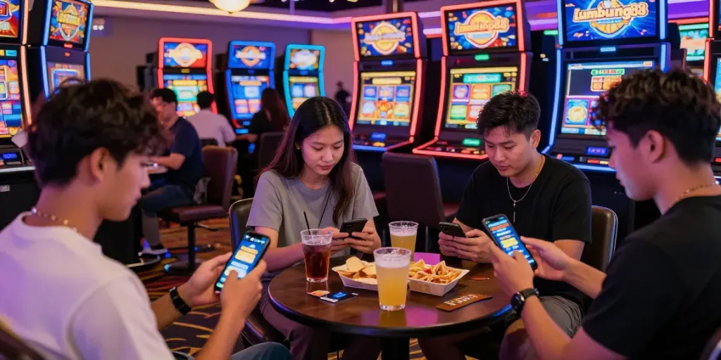 Lumbung88 players enjoying exciting slot games in a lively casino atmosphere with vibrant lights and engaging displays.