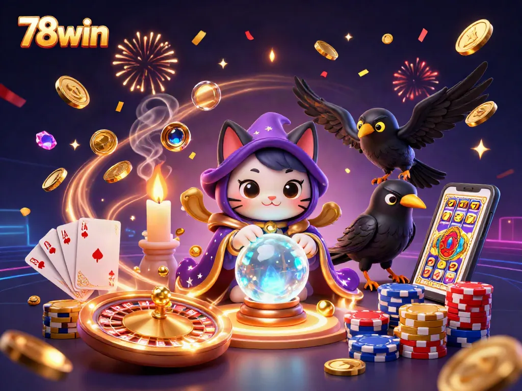 Experience the magic of 78win with a dynamic 3D casino scene featuring fortune-tellers and rich game elements.
