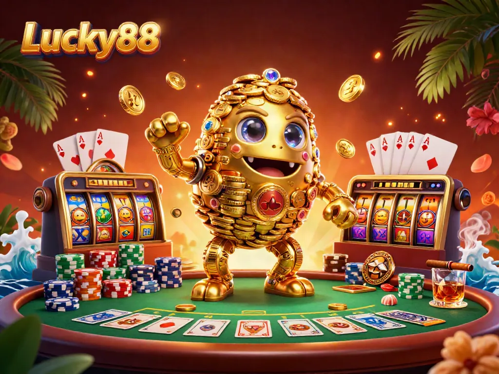 Experience the thrill of Lucky88 with a 3D golden golem amidst vibrant casino games and elements.