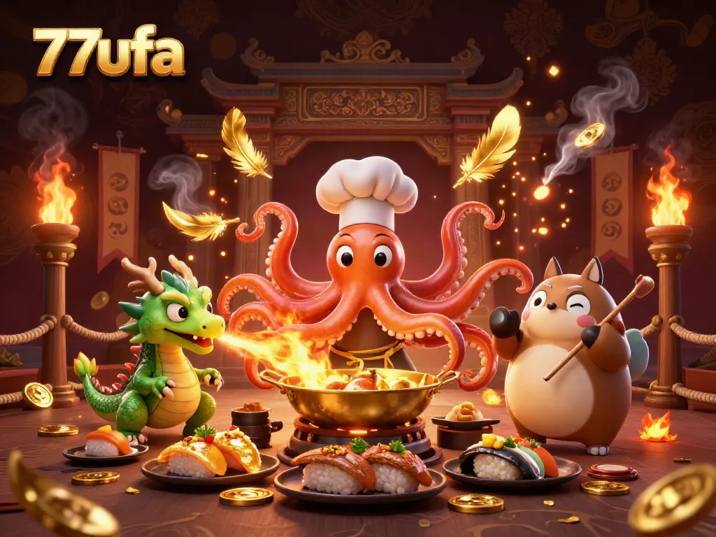 Experience thrilling wins with 77ufa's captivating casino scene featuring dynamic characters and vibrant gaming elements.