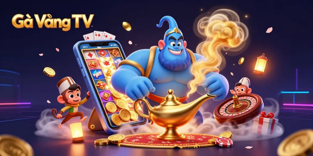 Experience thrilling action with Gà Vàng TV featuring a genie, poker chips, and captivating slot games.