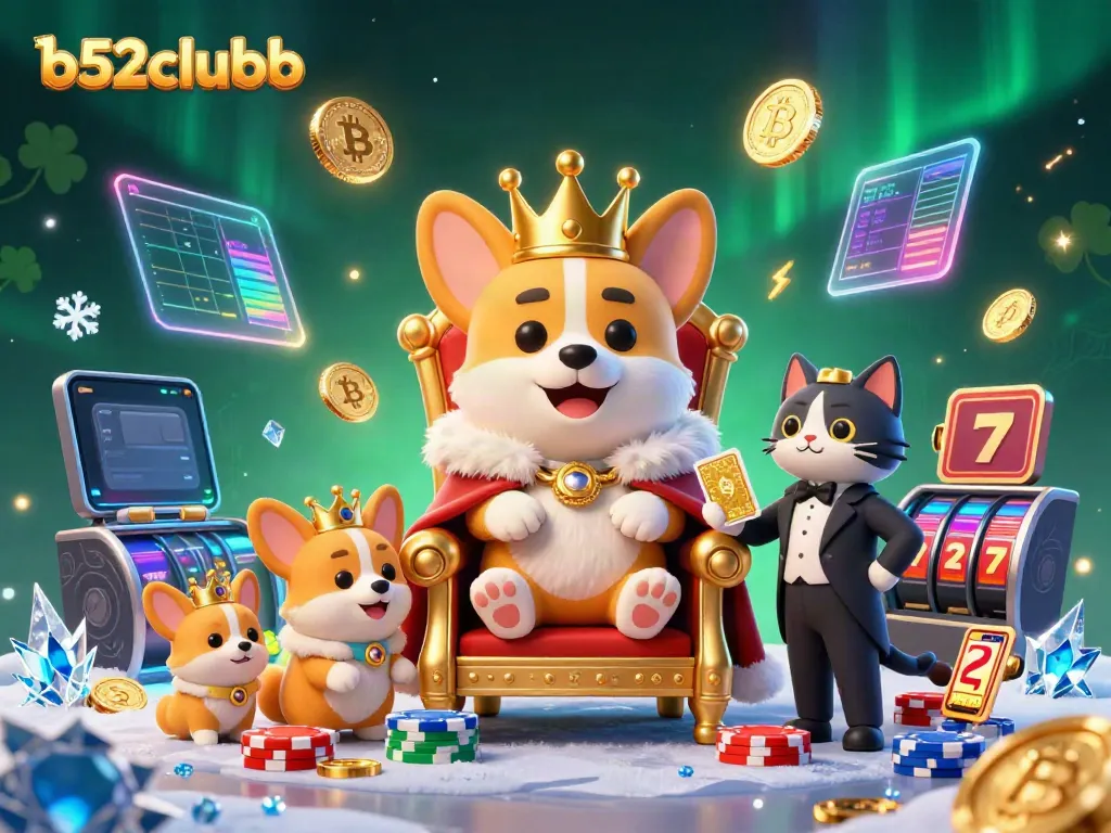 B52Clubb's royal corgi king reigns over a vibrant casino scene filled with excitement and strategy.