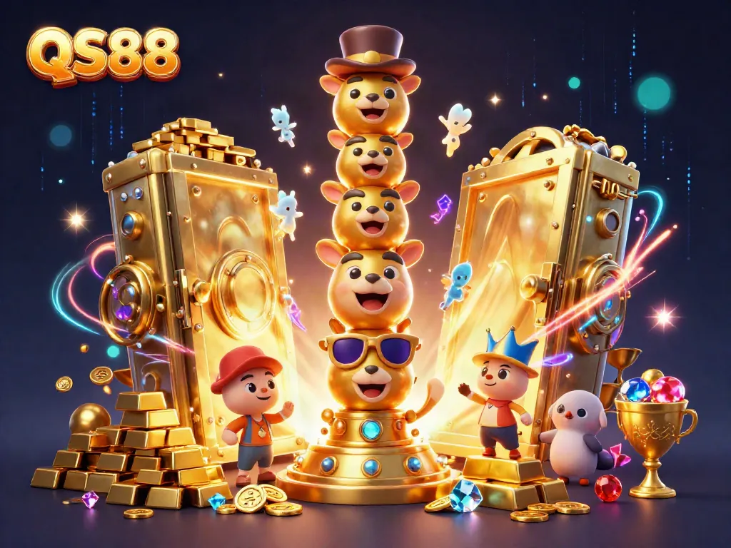 Experience exhilarating gaming at QS88 with a dynamic totem pole surrounded by riches and glowing casino treasures.