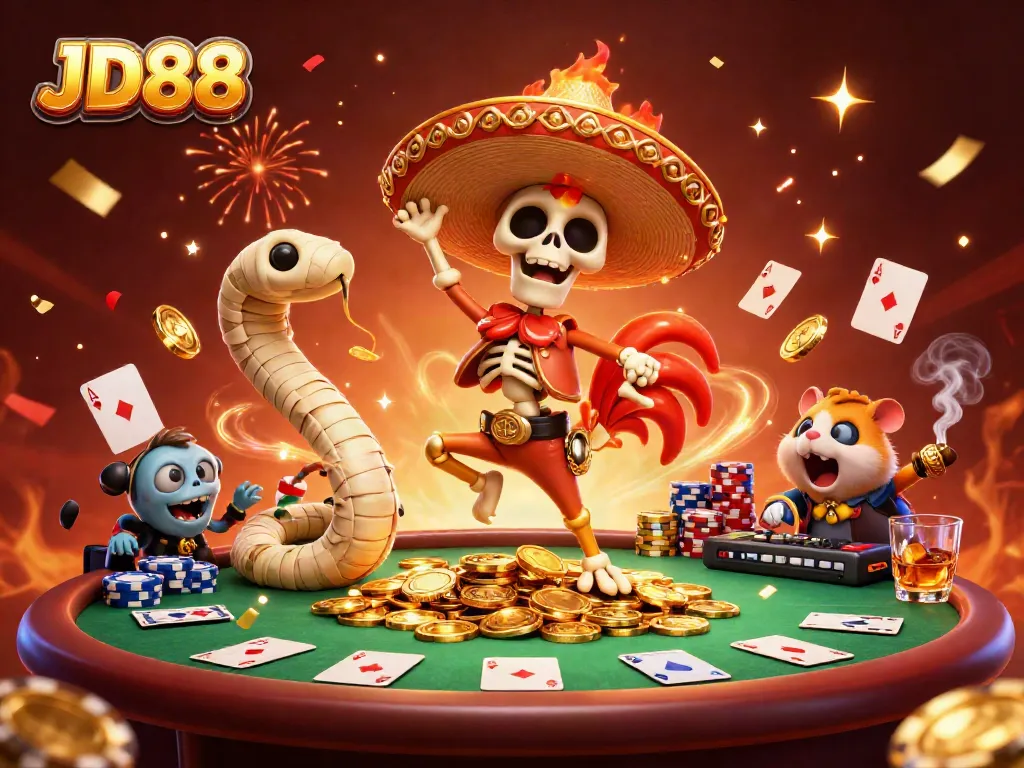 Celebrate winning at JD88 with festive 3D characters in a vibrant casino scene.