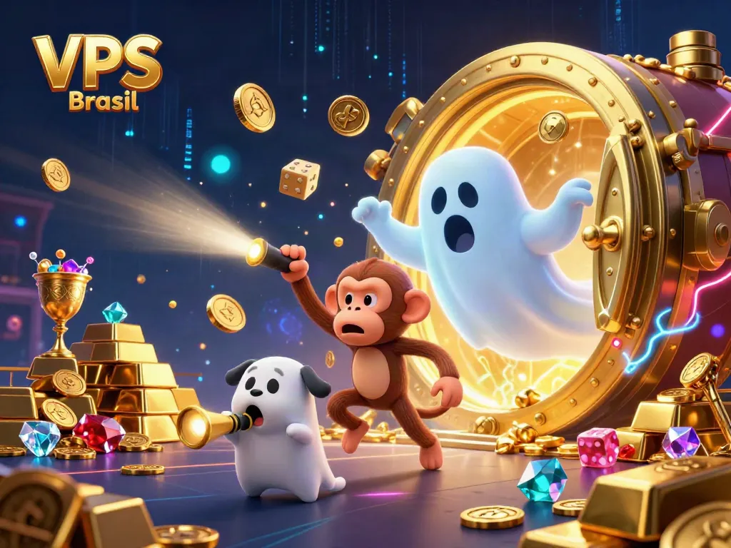 Experience exciting gameplay with VPS Brasil in a vibrant haunted casino scene, featuring a mischievous monkey and ghost-hunter puppy.