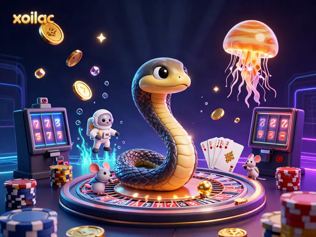 Xoilac casino scene with a Saturn ring snake and astronaut mice interacting at a cosmic roulette wheel.