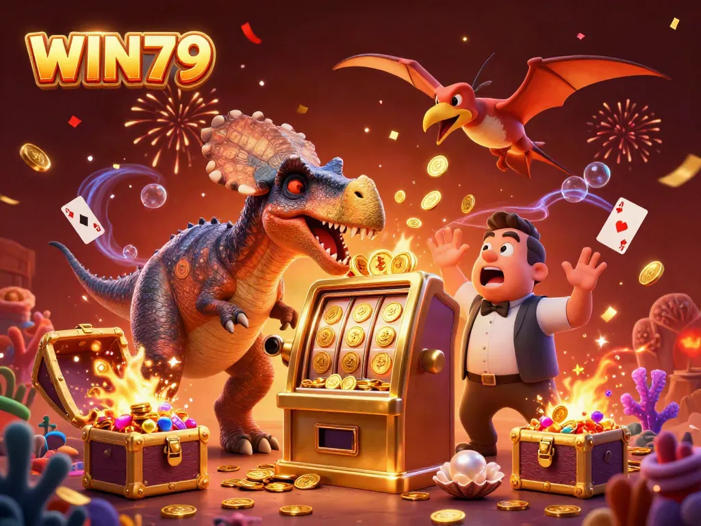 WIN79 slot machine pays out coins as pachycephalosaurus celebrates in a vibrant casino scene.