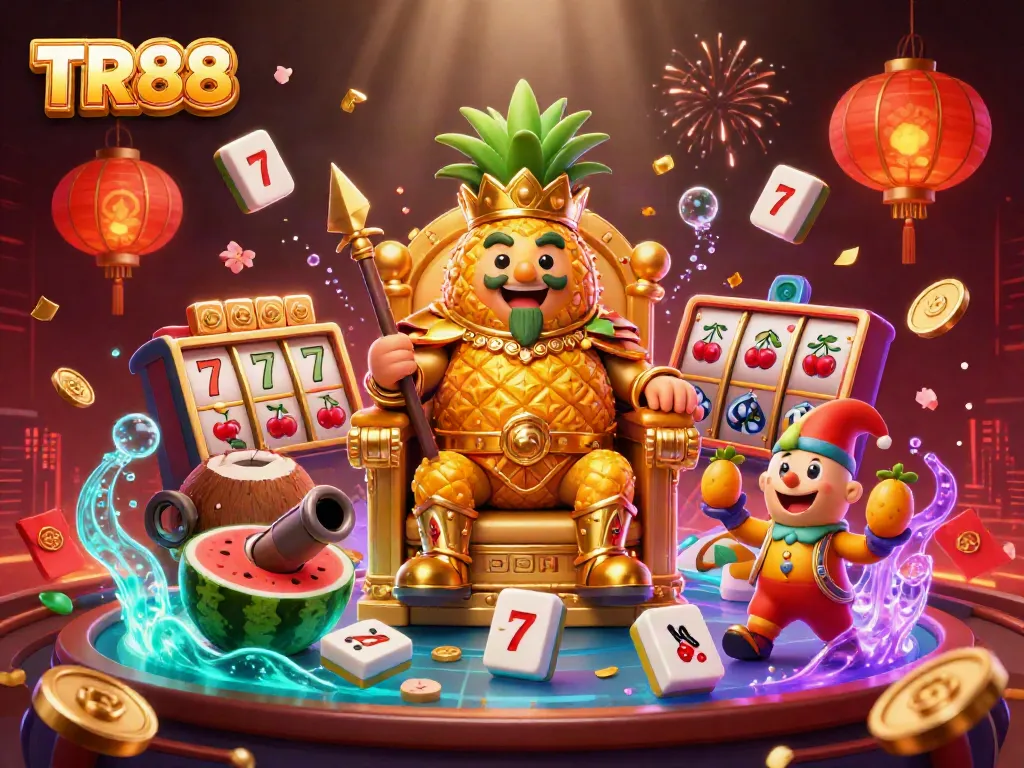 Engage with TR88 at a vibrant casino scene featuring a golden pineapple king and dynamic game elements.