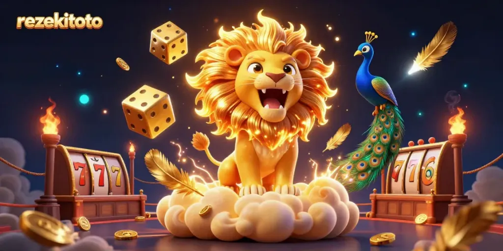 Experience the excitement of rezekitoto slots with a roaring lion and dynamic casino elements.