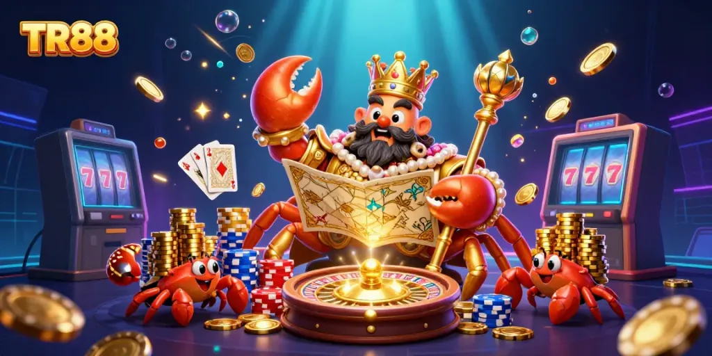 Experience thrilling gameplay at TR88 Casino with our golden crab emperor amidst cascading coins and gems.