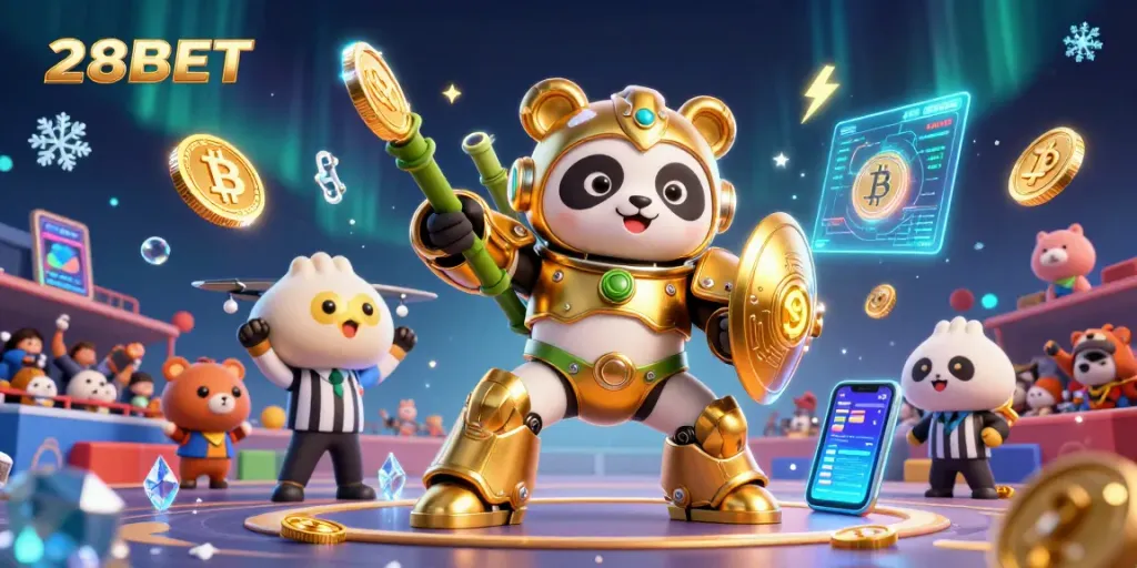 Engage with thrilling gaming action at 28BET, featuring a dynamic mech-suit panda and crypto elements.
