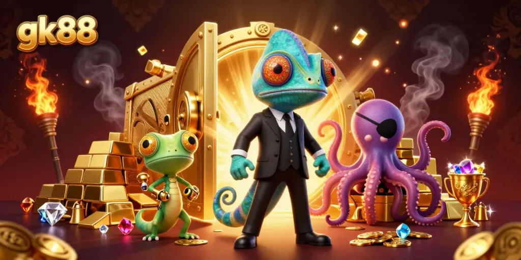 Play thrilling games at GK88 with dynamic chameleon, tech-savvy gecko, and treasure-filled casino.