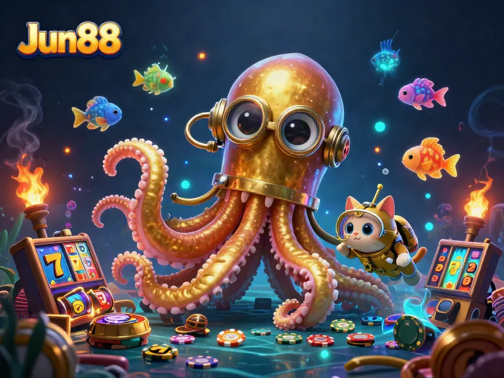 Engage with thrilling gameplay at Jun88 featuring vibrant slot reels and a captivating kraken.