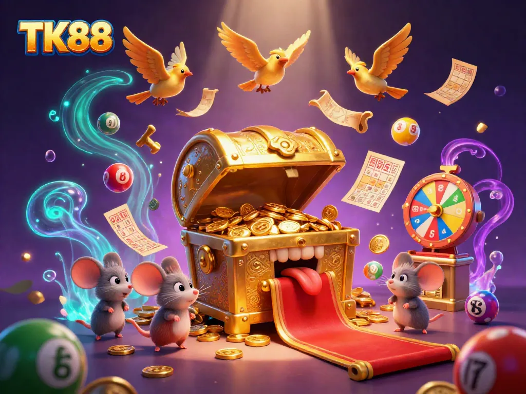 Win big with TK88 at this vibrant online casino illustration showcasing dynamic gambling elements.