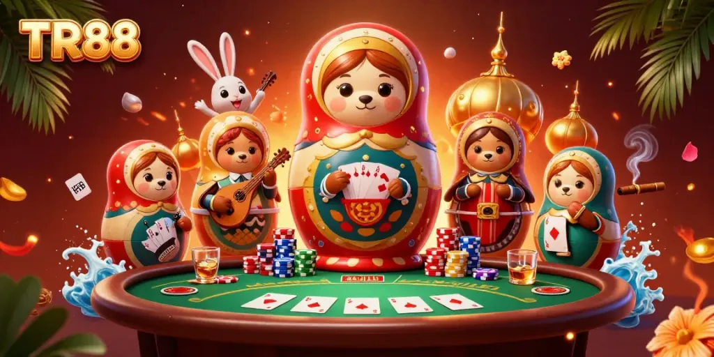 Experience TR88 with a vibrant casino scene featuring charming characters and engaging game elements.