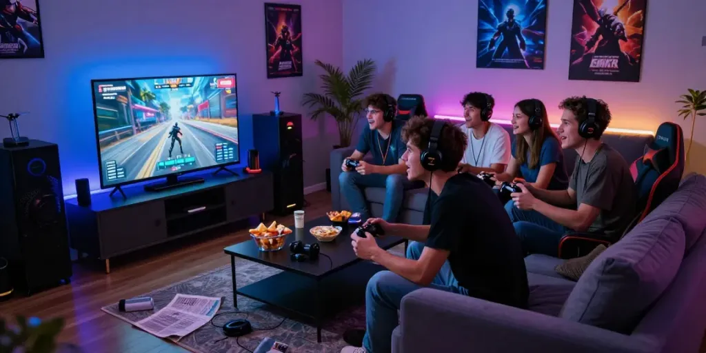 Engaged group of friends enjoying a thrilling kilat 404 gaming session in a vibrant living room.