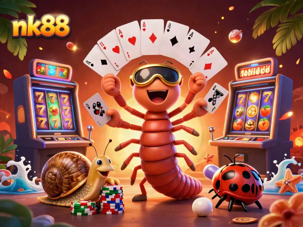 Experience thrilling nk88 slots with a vibrant scene featuring a millipede dealer and exciting game elements.