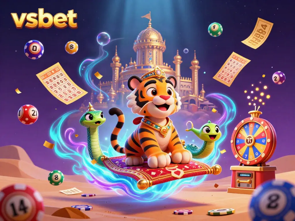 Play vibrant games with excitement at vsbet, featuring a magical Arabian-themed tiger sultan on a carpet while lottery elements surround.