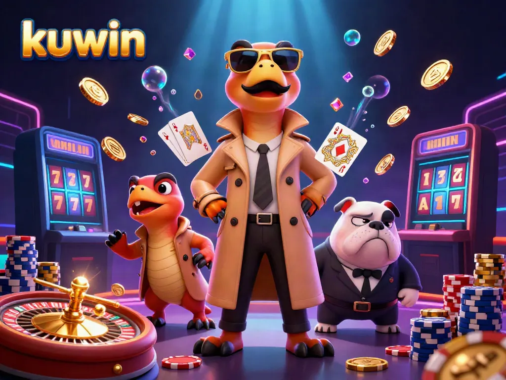 Experience the thrill of kuwin with cartoon raptors sneaking into a VIP lounge filled with casino elements.