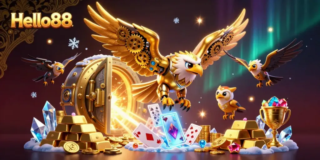 Experience thrilling gameplay at Hello88 with a cybernetic golden eagle soaring through a cascade of holographic cards.