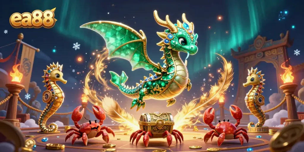 Engage with ea88's vibrant 3D casino scene featuring a sea dragon, treasure chest, and betting tokens.