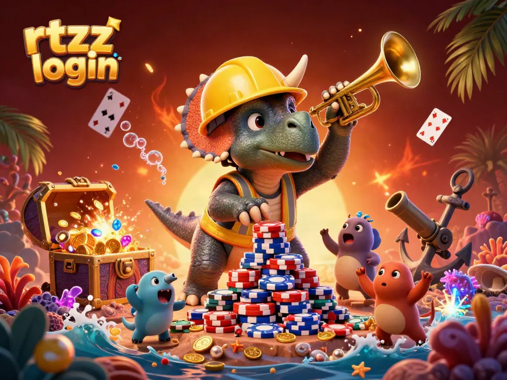 Experience the excitement of rtzz login with 3D characters celebrating around poker chips and treasures.