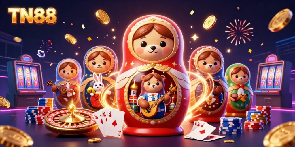 Experience TN88's vibrant casino atmosphere with bears, coins, cards, and a rabbit playing a balalaika.