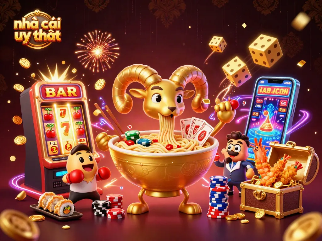 Engage with nhà cái uy tín as a giant ramen bowl deals cards amidst a lively casino scene.